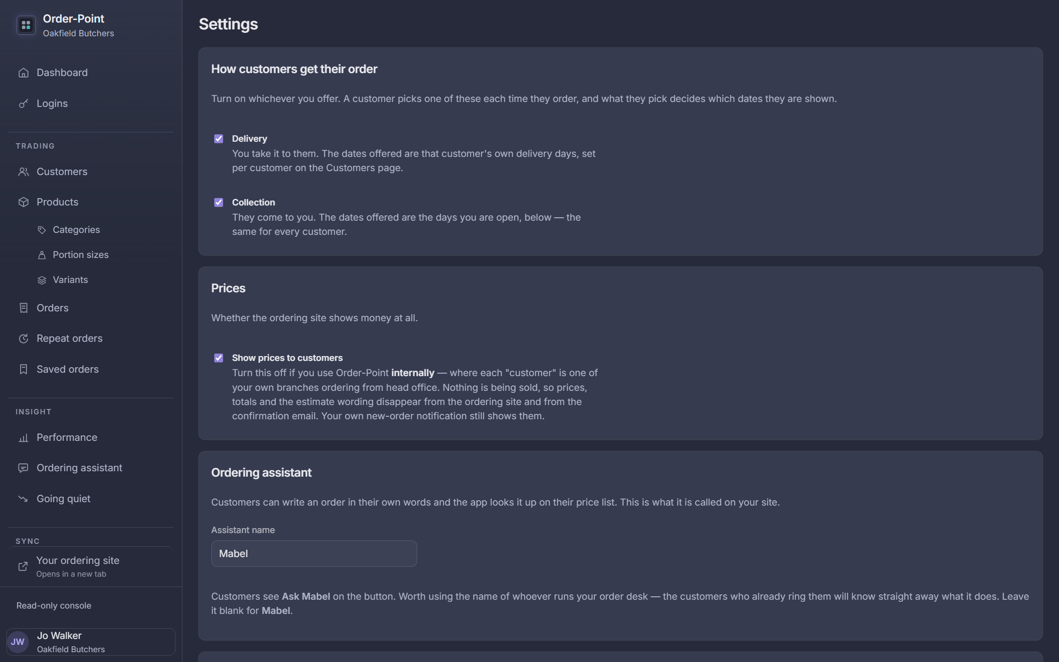 Ordering settings: cut-off time, delivery and collection, reminders