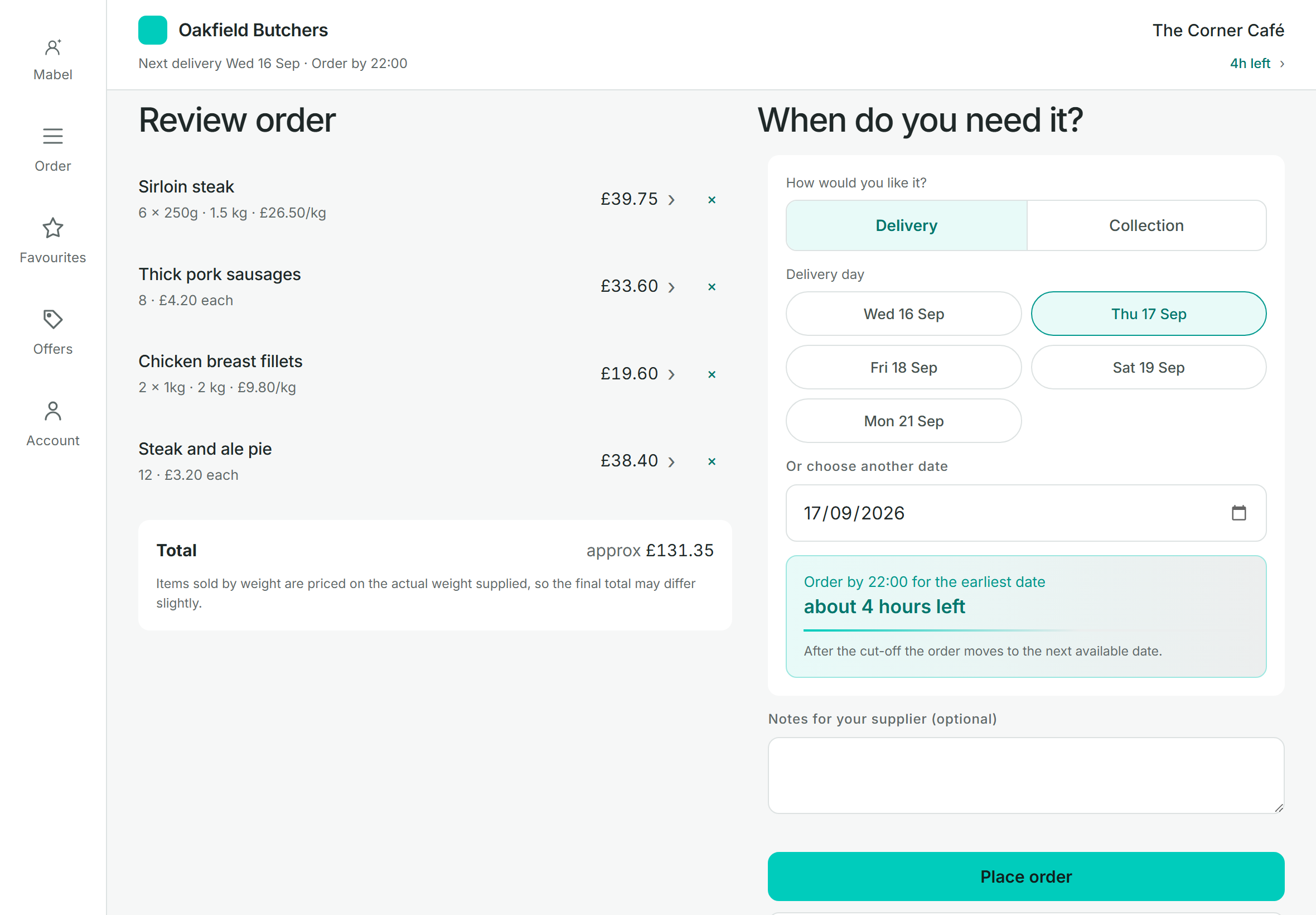 The ordering app on a tablet, with the order and the delivery date on one screen